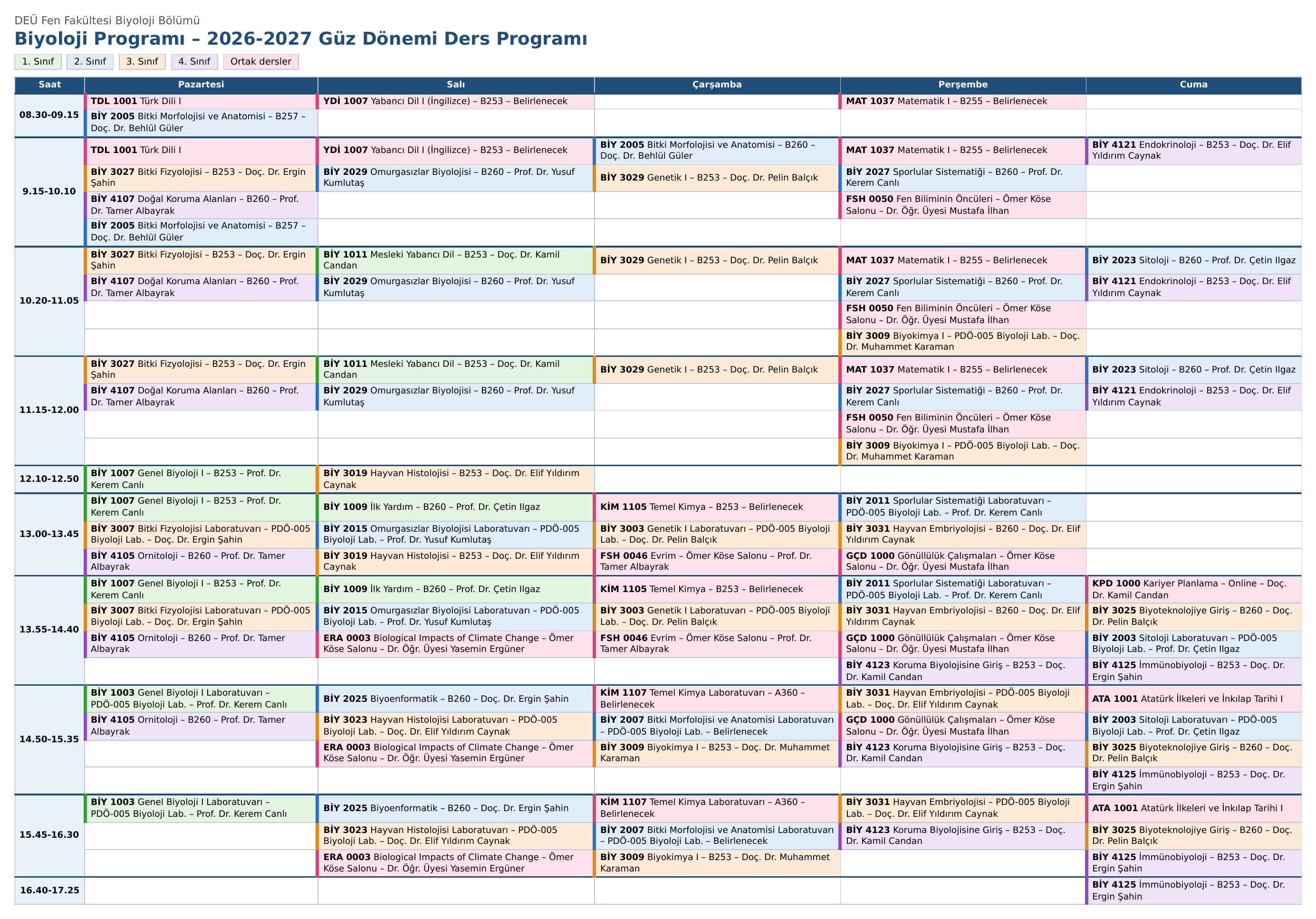 Biyoloji Programı 2026-2027 Güz Dönemi Ders Programı